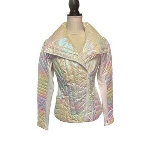 Blanc Noir Womens Iridescent Action Panel Puffer Jacket Oyster Color Size S